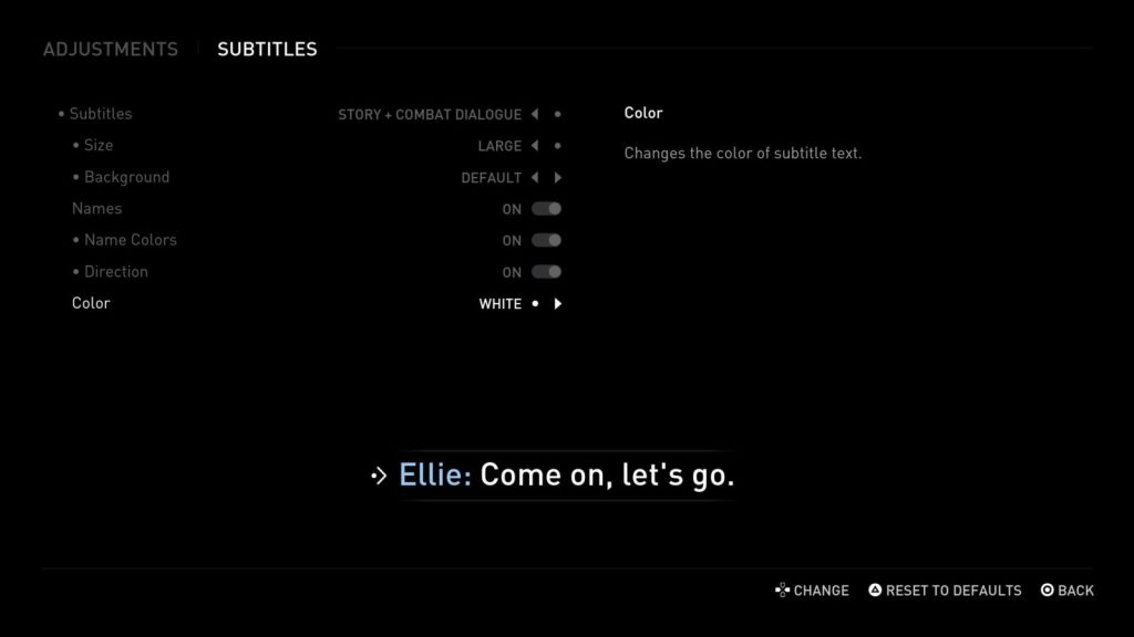 Subtitles options. Ellie (in blue) stating Come on, let's go.