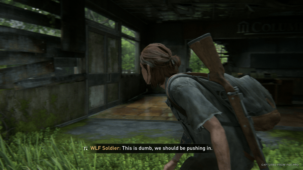 Last of Us Part II, subtitles pointing in the direction to a speaker.
