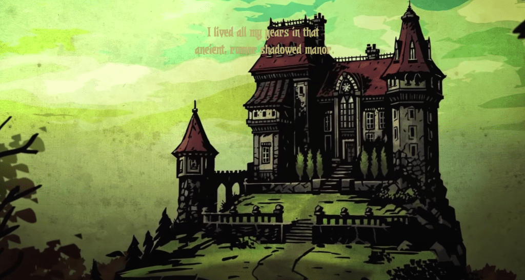 A mansion with text over it, but both are a similar brown green color.