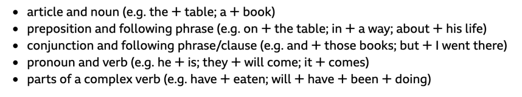 article and noun (e.g. the + table; a + book)preposition and following phrase (e.g. on + the table; in + a way; about + his life)conjunction and following phrase/clause (e.g. and + those books; but + I went there)pronoun and verb (e.g. he + is; they + will come; it + comes)parts of a complex verb (e.g. have + eaten; will + have + been + doing)
