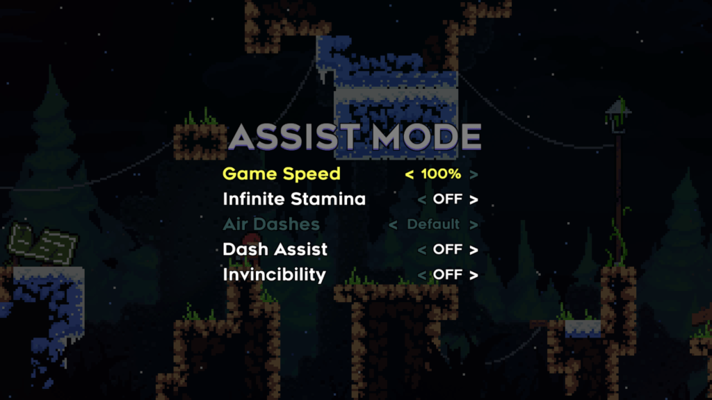 Celeste Assist Mode: Game speed, infinite stamina, air dashes, dash assist, and invincibility.