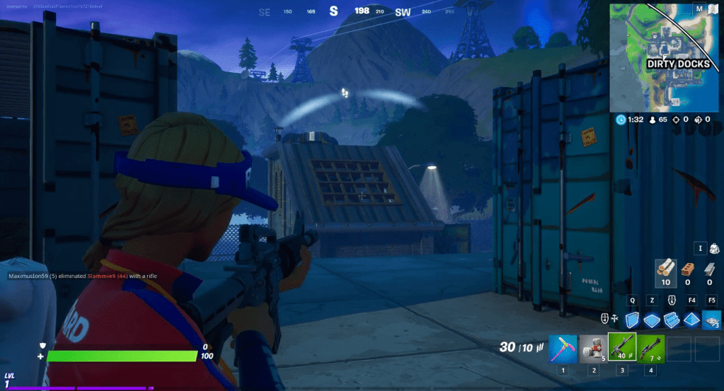 Fortnite, white directional indicator with a footstep showing someone is ahead.